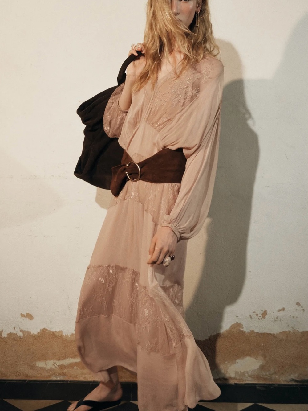 Zara Dress Boho Lace-Trim Long Sleeve Maxi Blush Size Small